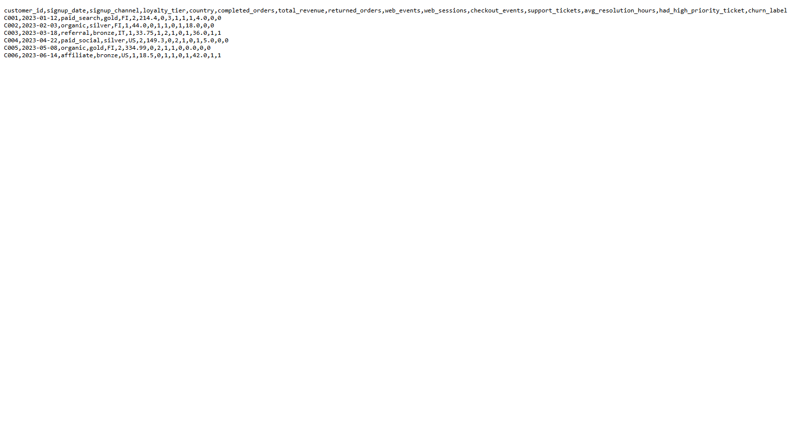 Actual browser screenshot of the generated customer_360.csv file