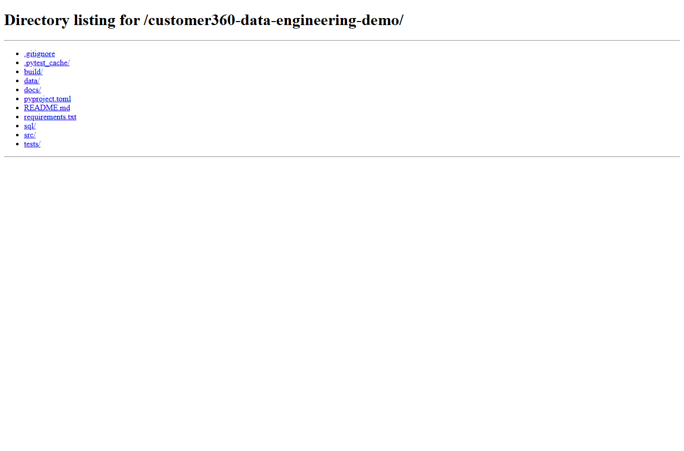 Actual browser screenshot of the local Customer 360 project folder
