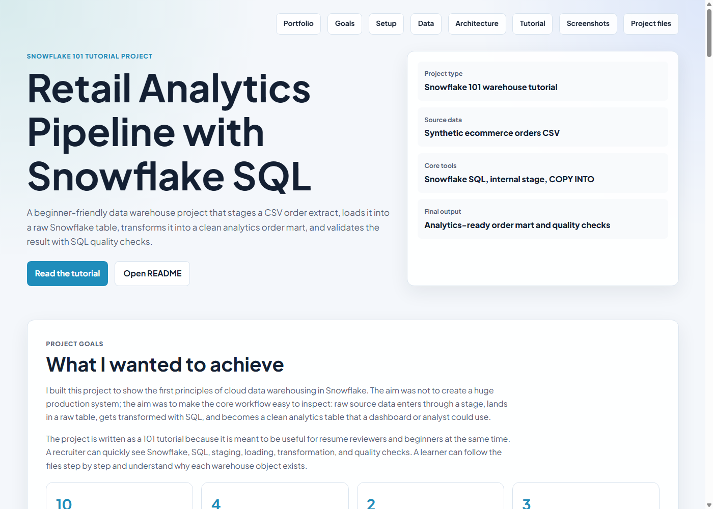Screenshot of the Snowflake 101 project page
