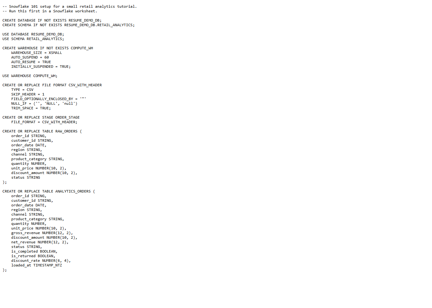 Screenshot of the Snowflake setup SQL file